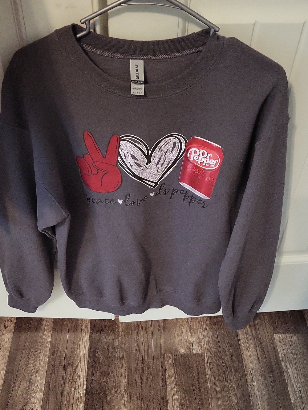 Gildan Charcoal Sweatshirt with Dr Pepper Red and White Graphic